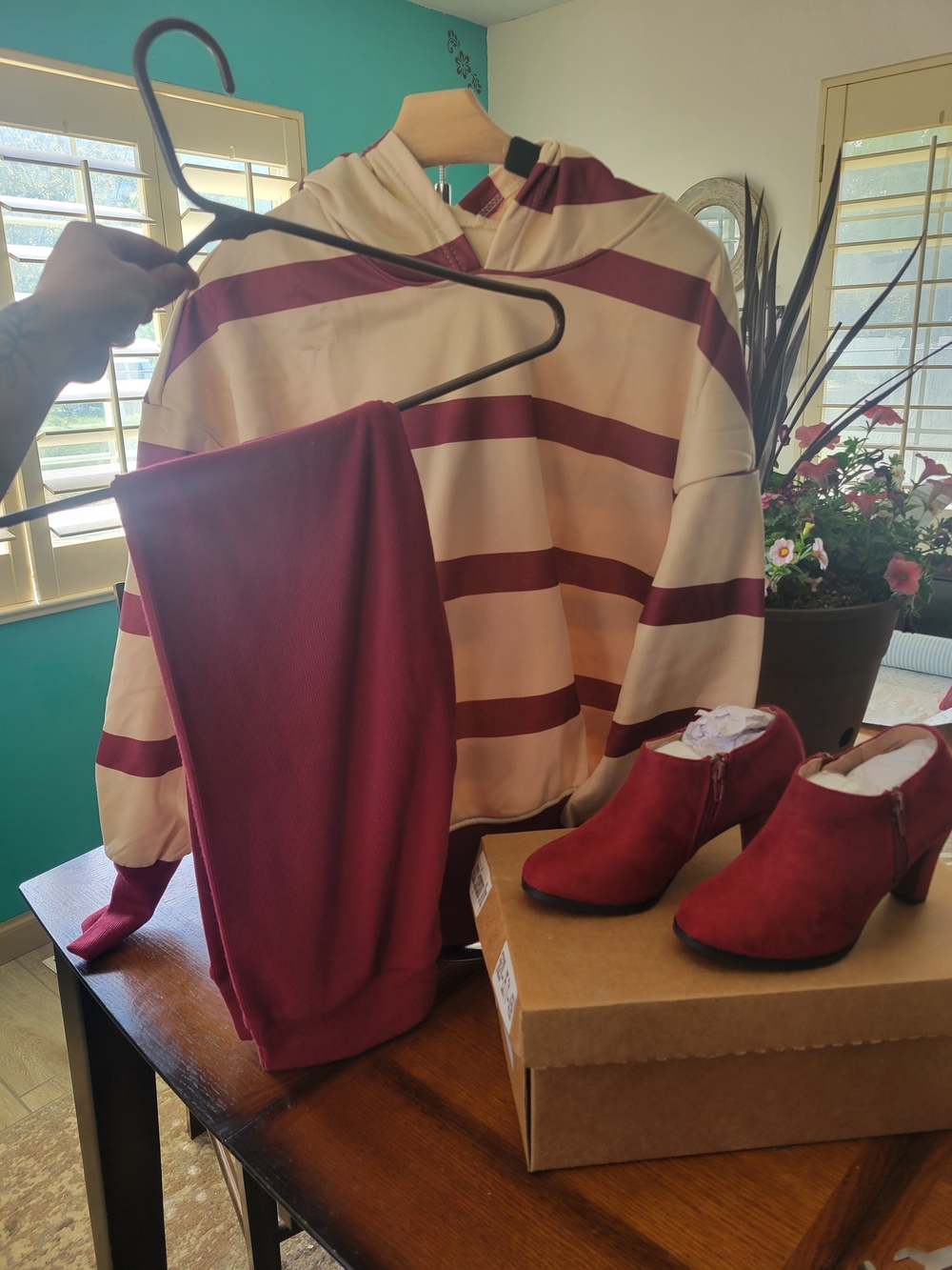 Striped Hoodie and Matching Burgundy Set with Heeled Booties